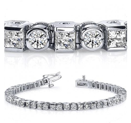  7.59 ct Round & Princess cut Diamond Tennis Bracelet, Bezel Set 