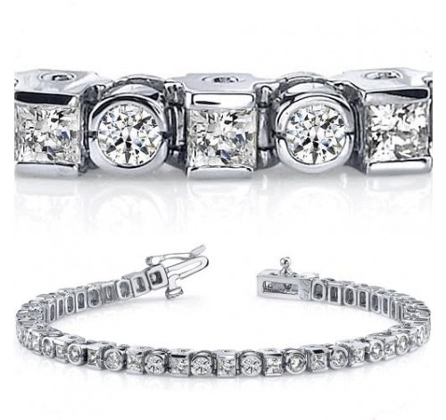  4 ct Round & Princess cut Diamond Tennis Bracelet, Bezel Set 